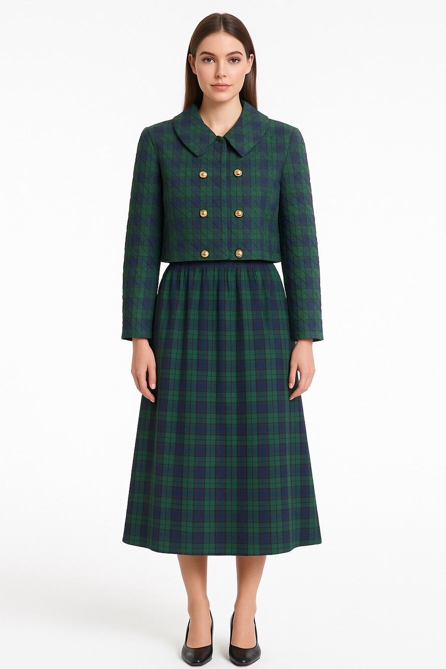 Vintage Cullinane Quilted Plaid Jacket & Skirt Set preppy Made in USA medium